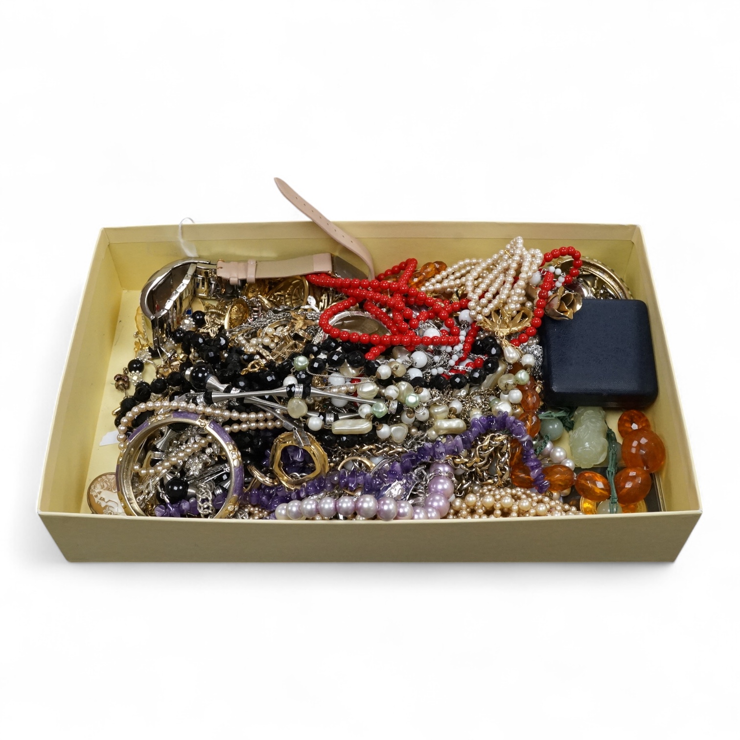 A quantity of assorted costume including necklaces, bangle, etc. and two wrist watches.